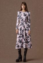 Anita satin midi dress (pink/black roses)